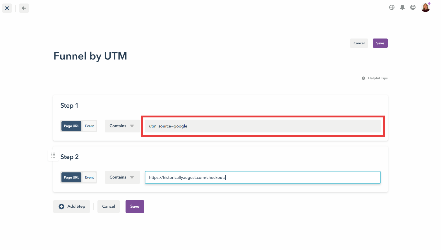 Screenshot of settings for Lucky Orange conversion funnels that show tracking by UTM parameters