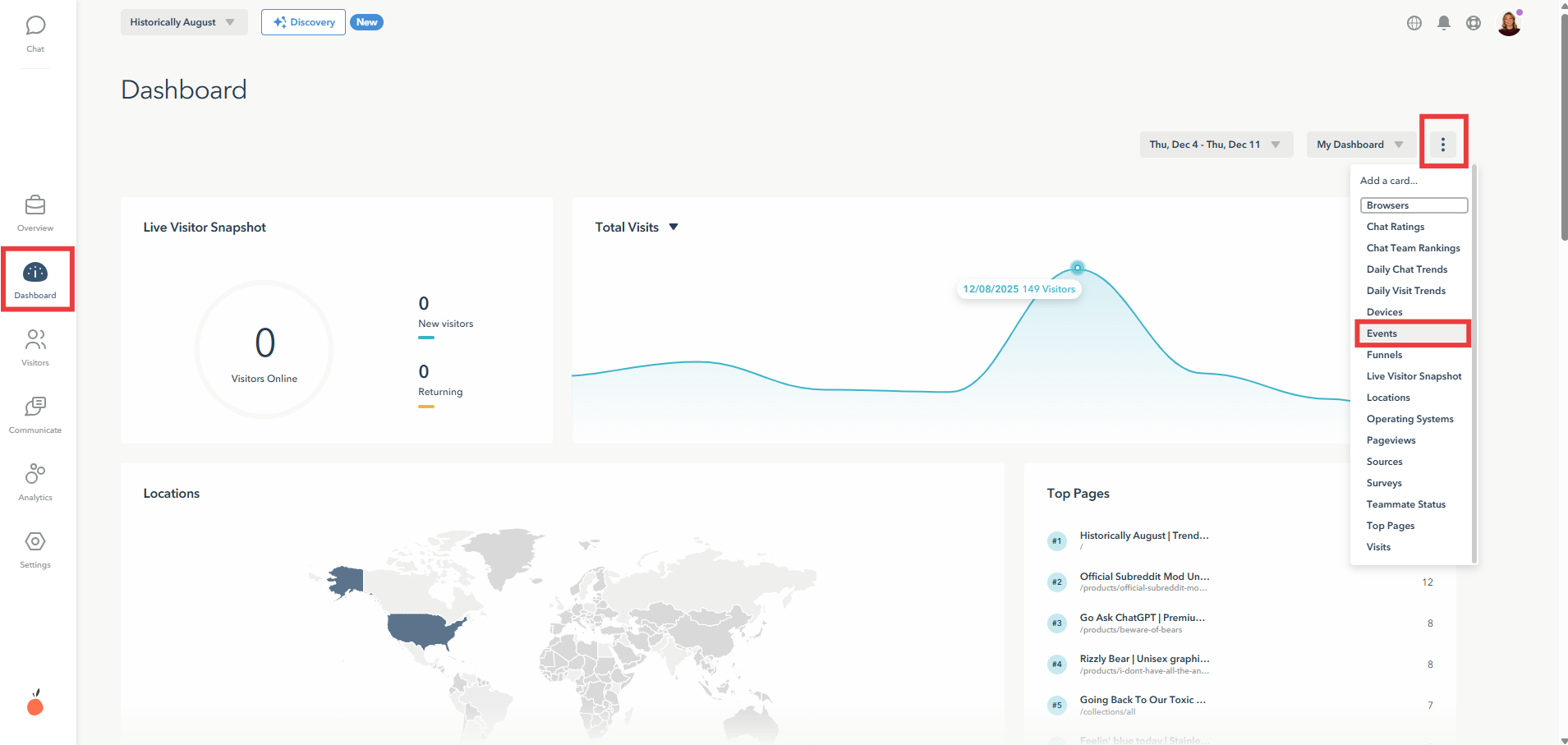 Screenshot depicting the steps to track events on the Lucky Orange dashboard