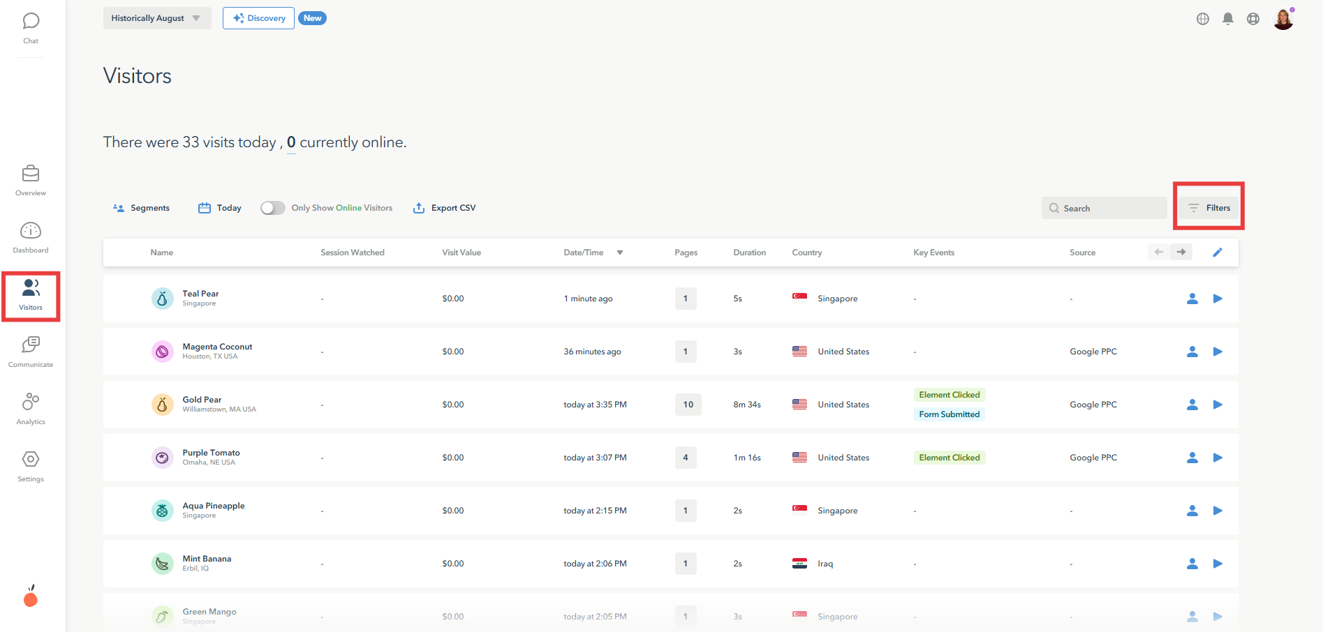 A screenshot showing the steps in Lucky Orange of how to filter session recordings by specific events