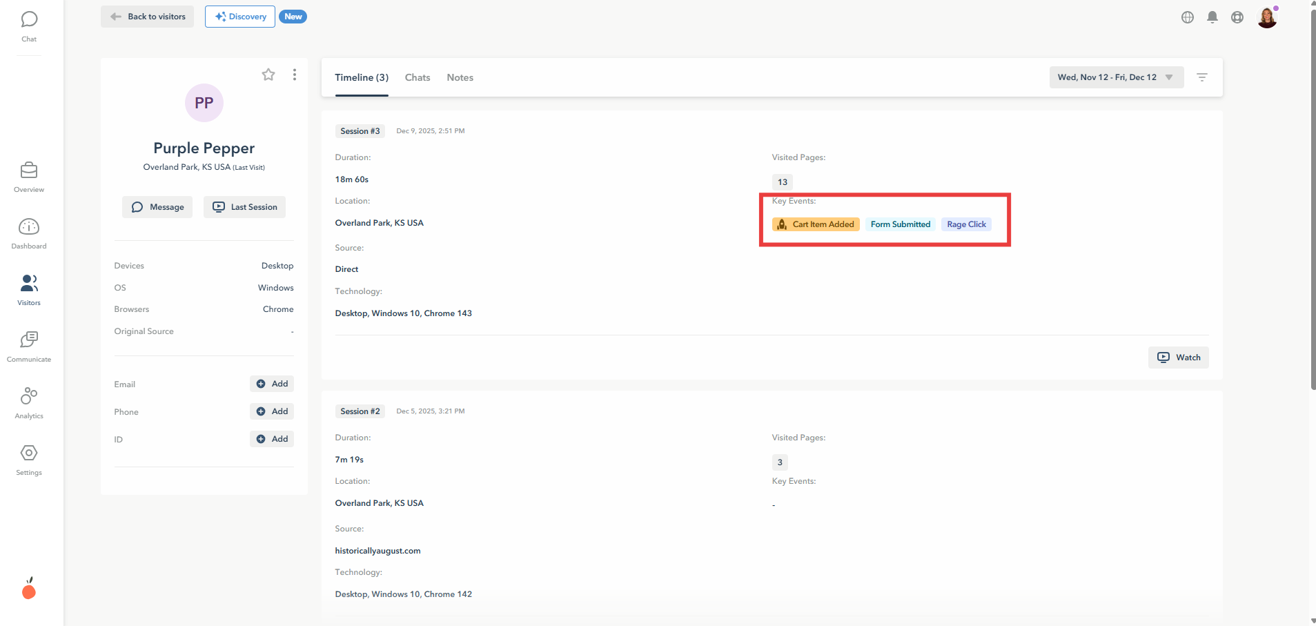 A screenshot showing key events that occured during a website visitor's session as displayed on the Visitor Profile in Lucky Orange