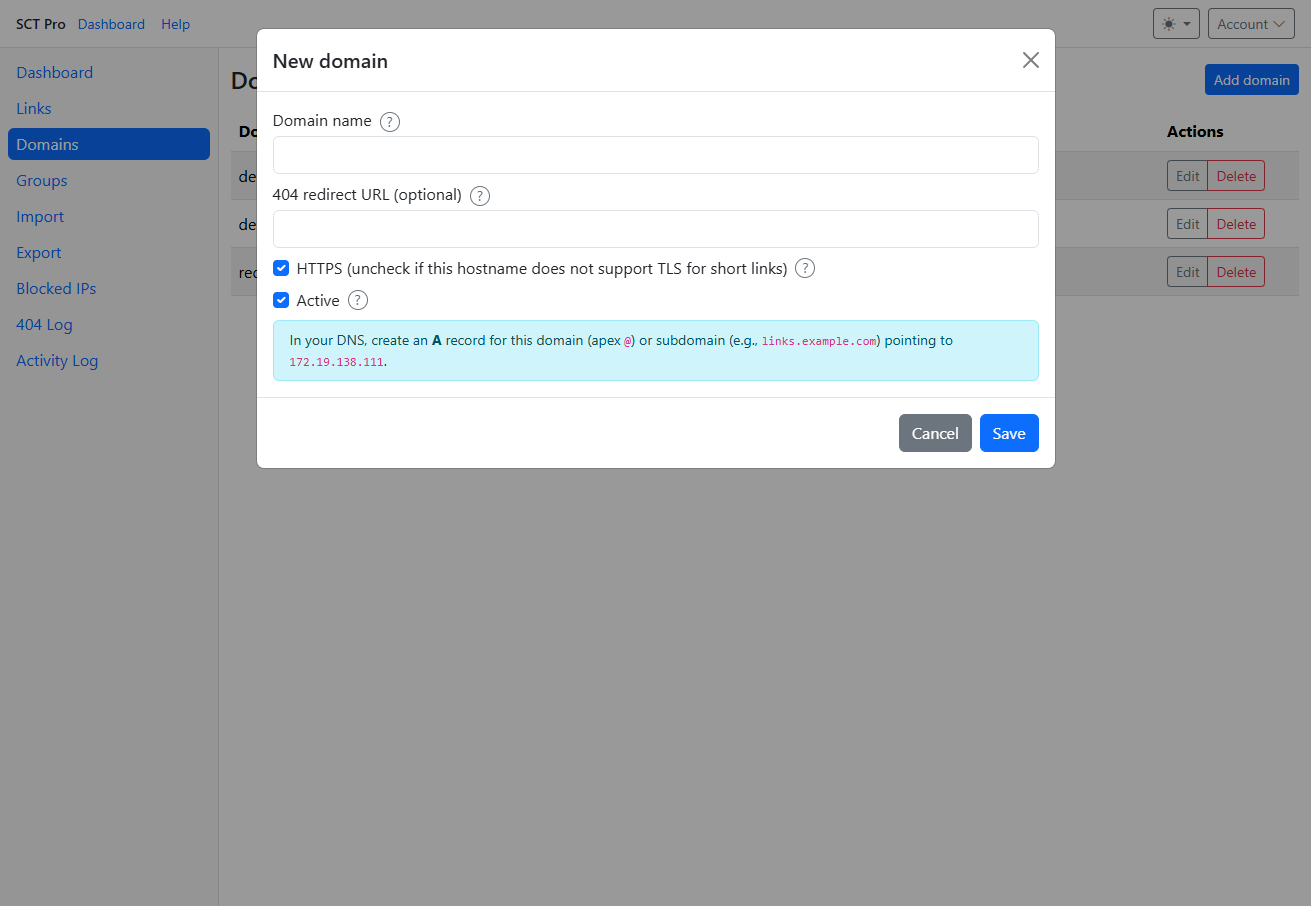 New domain box with domain name, 404 redirect URL, HTTPS and Active options plus DNS instructions