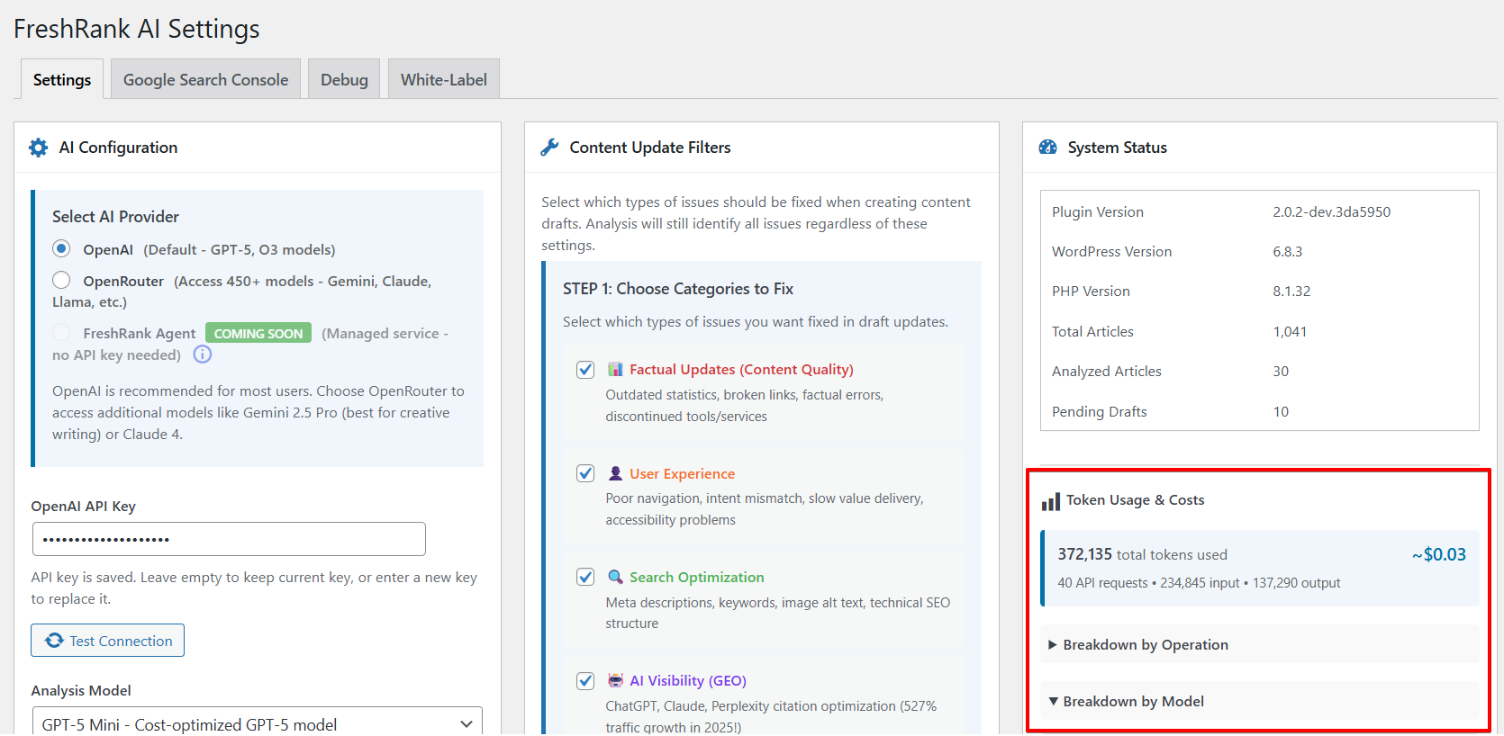 Where to see token usage in FreshRank dashboard