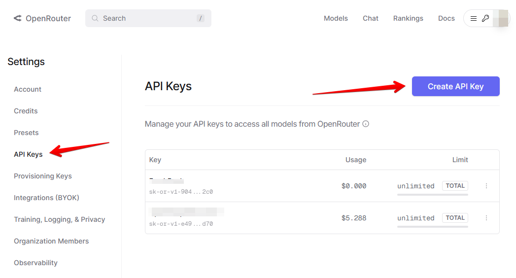 Create API key on OpenRouter