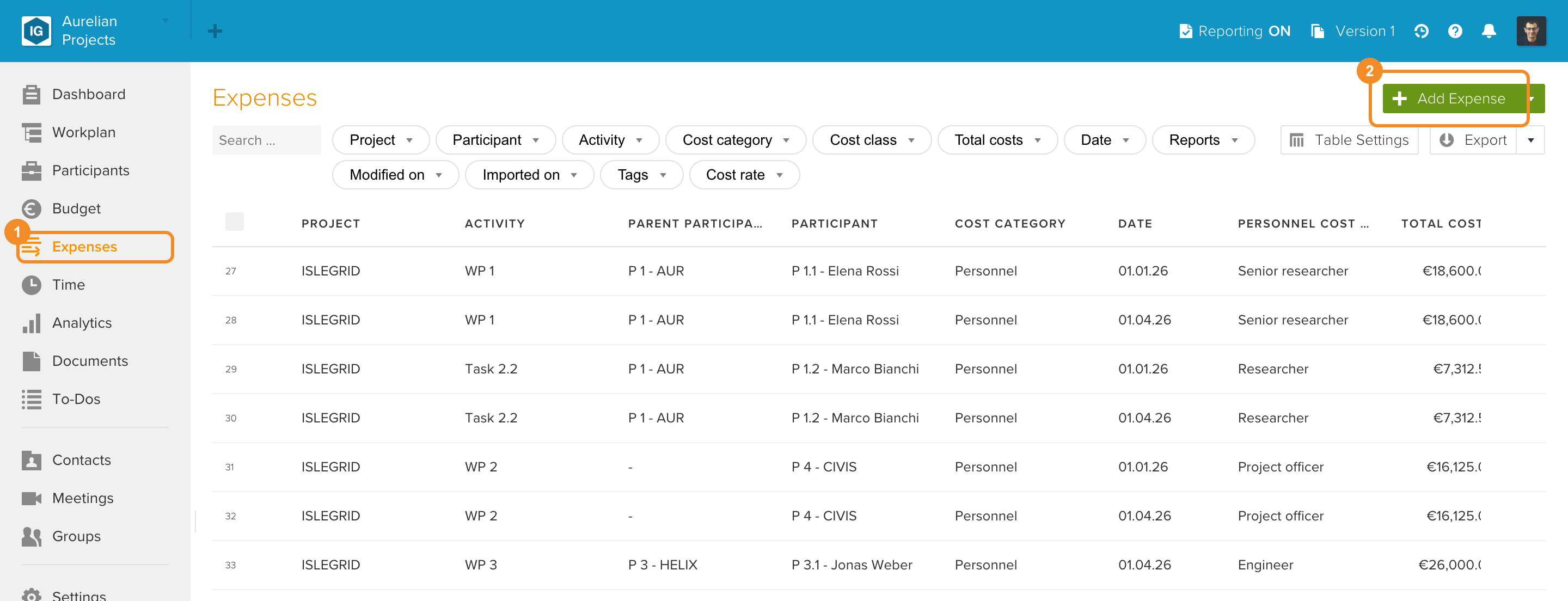 The Expenses section with the Add Expense button