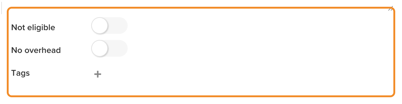 Die Optionen für Förderfähigkeit, Gemeinkosten und Tags