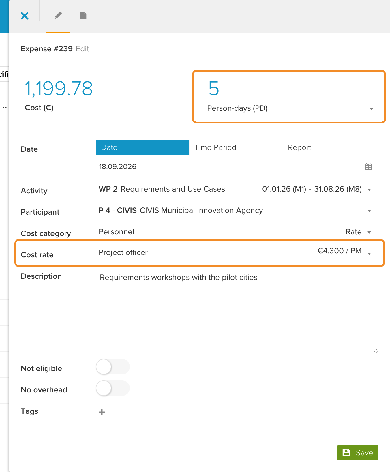 A completed personnel expense with effort and cost
