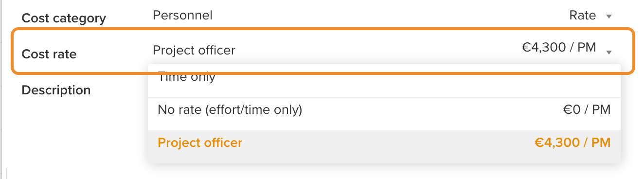 The list of cost rates of the selected participant