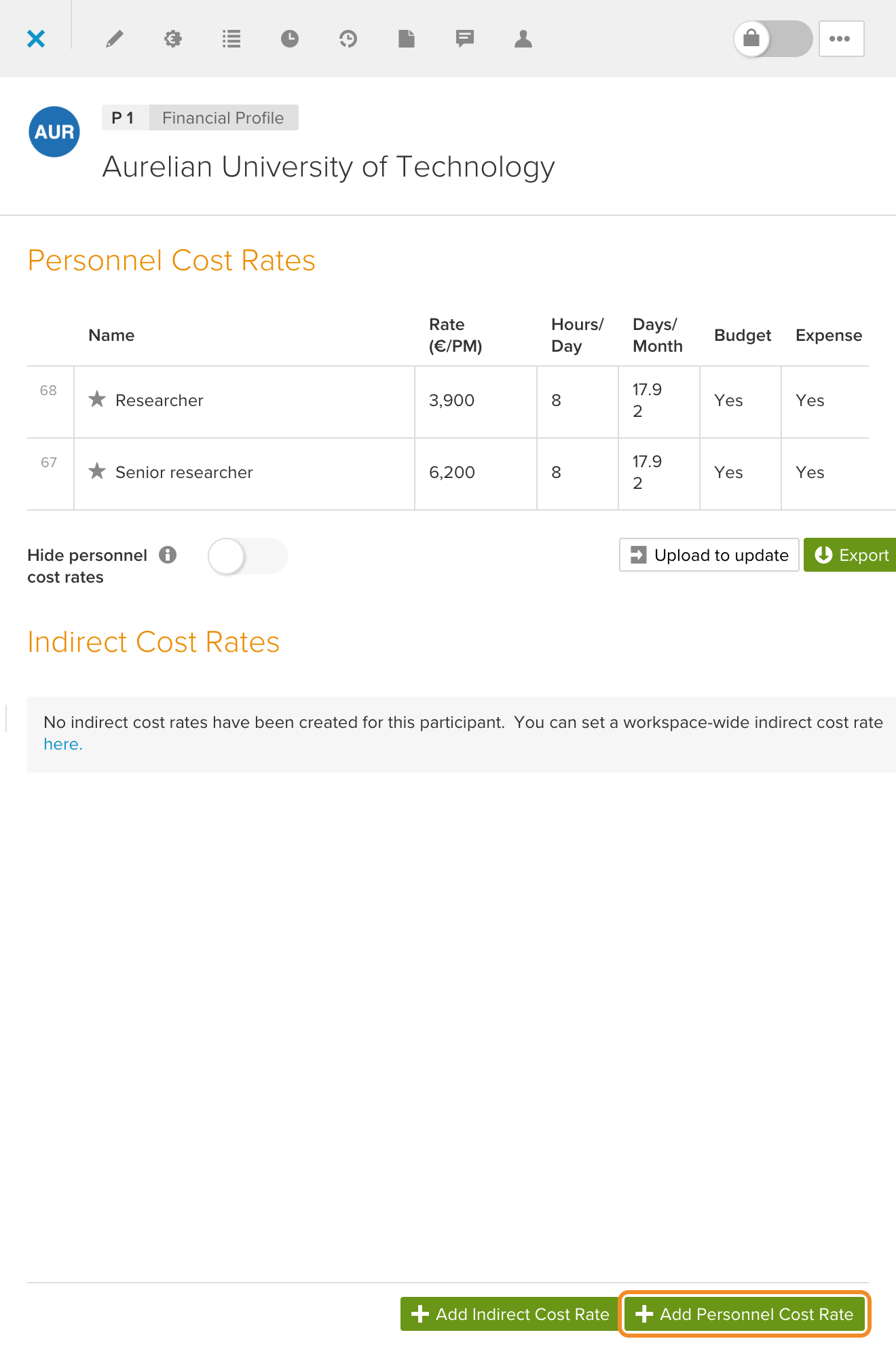 Financial Profile with the Add Personnel Cost Rate button
