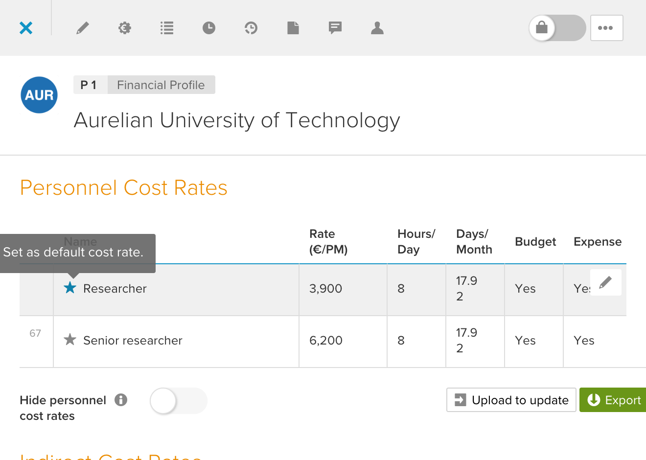 Star icon to set the default cost rate