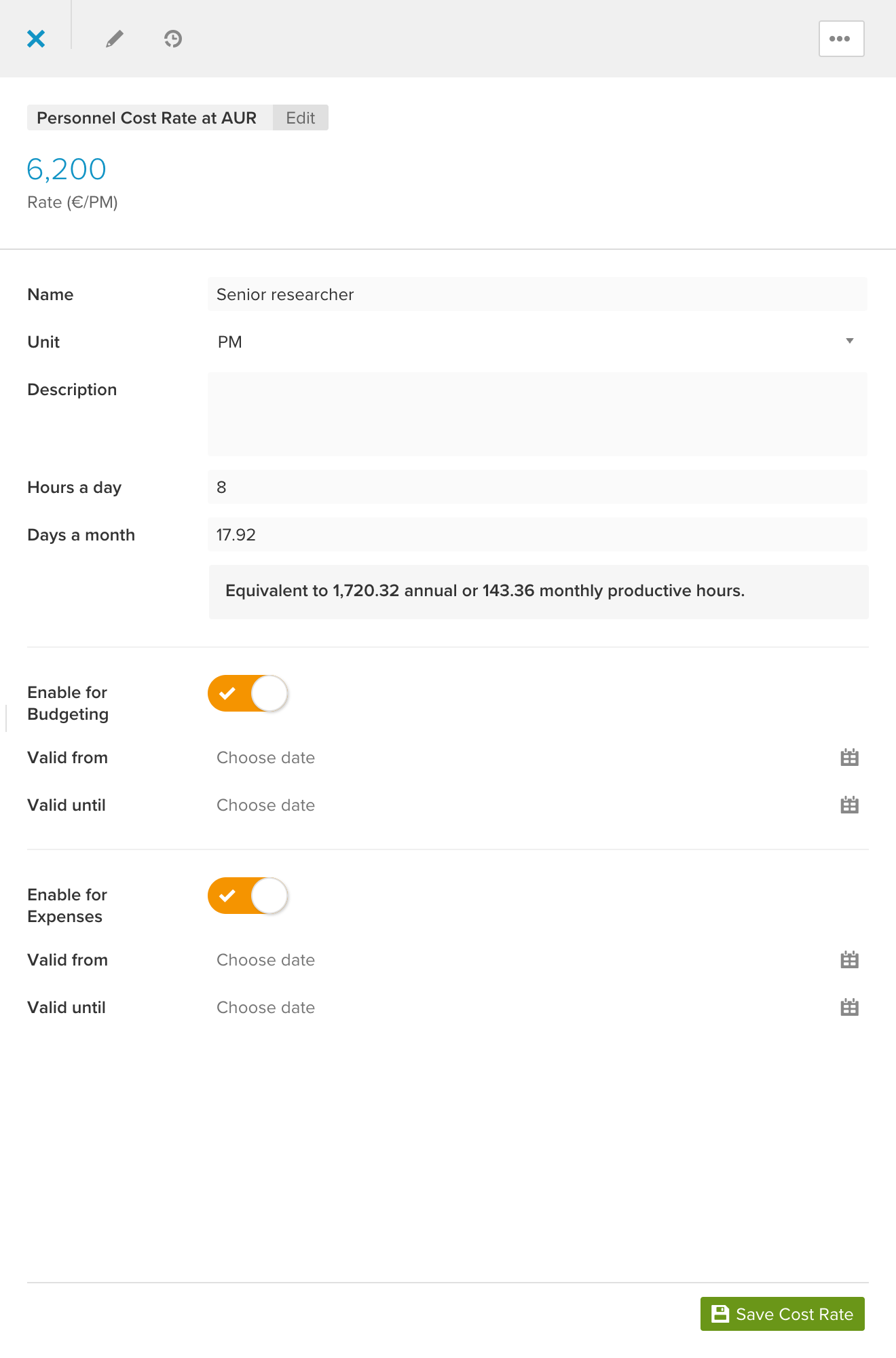 Personnel cost rate opened for editing