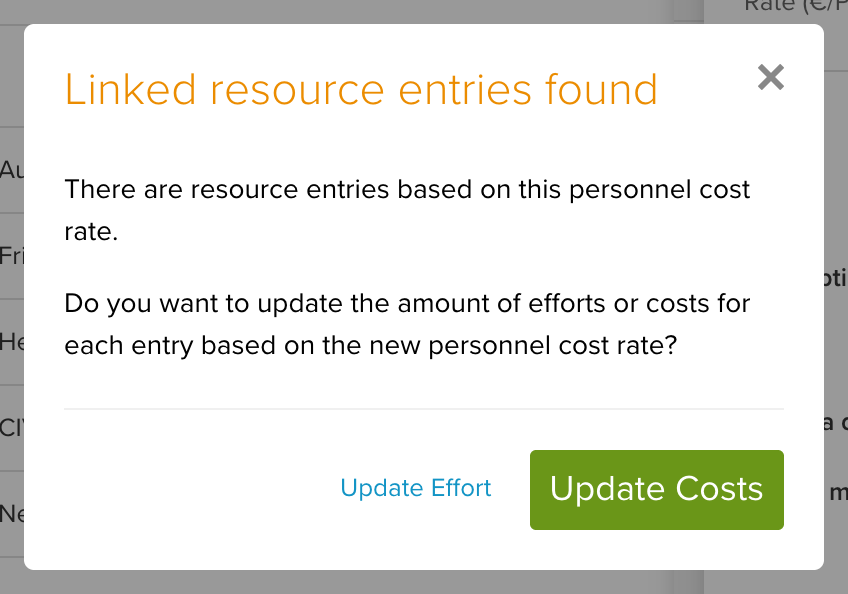Dialog asking whether to update costs or effort of linked entries