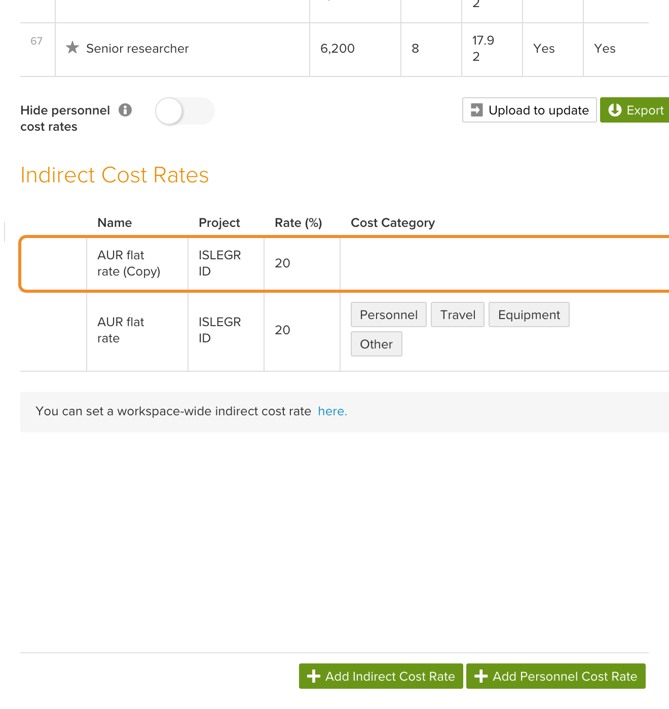 The copied rate in the Financial Profile