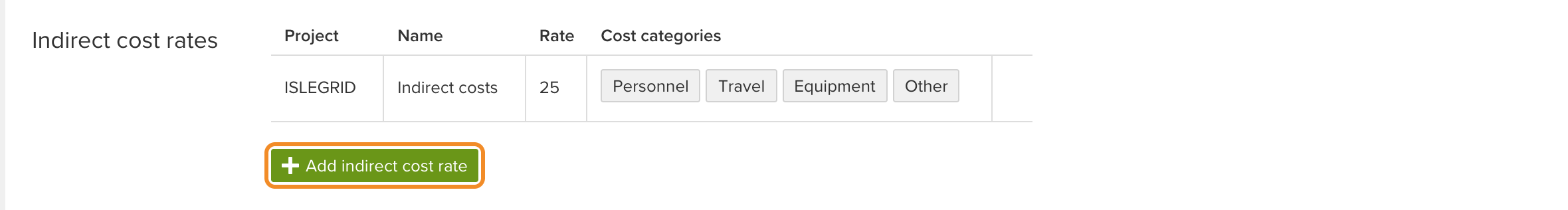 Indirect cost rates section in Settings, Customization