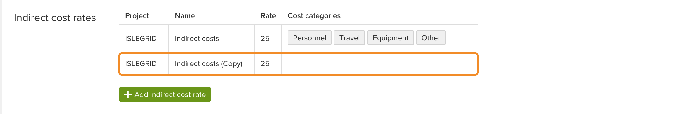 The copied general rate in the Indirect cost rates section