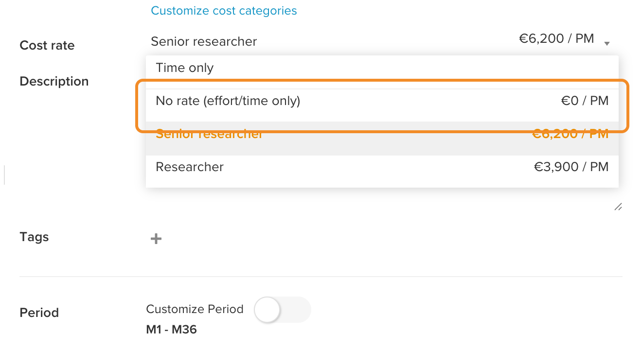 Die Option No rate in der Auswahlliste Kostenrate