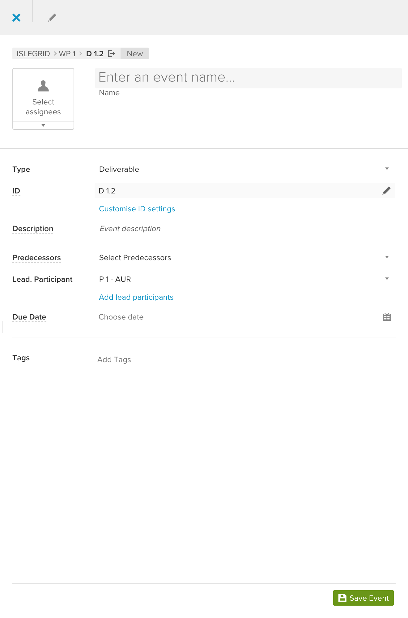 Die Sidebar für ein neues Ereignis