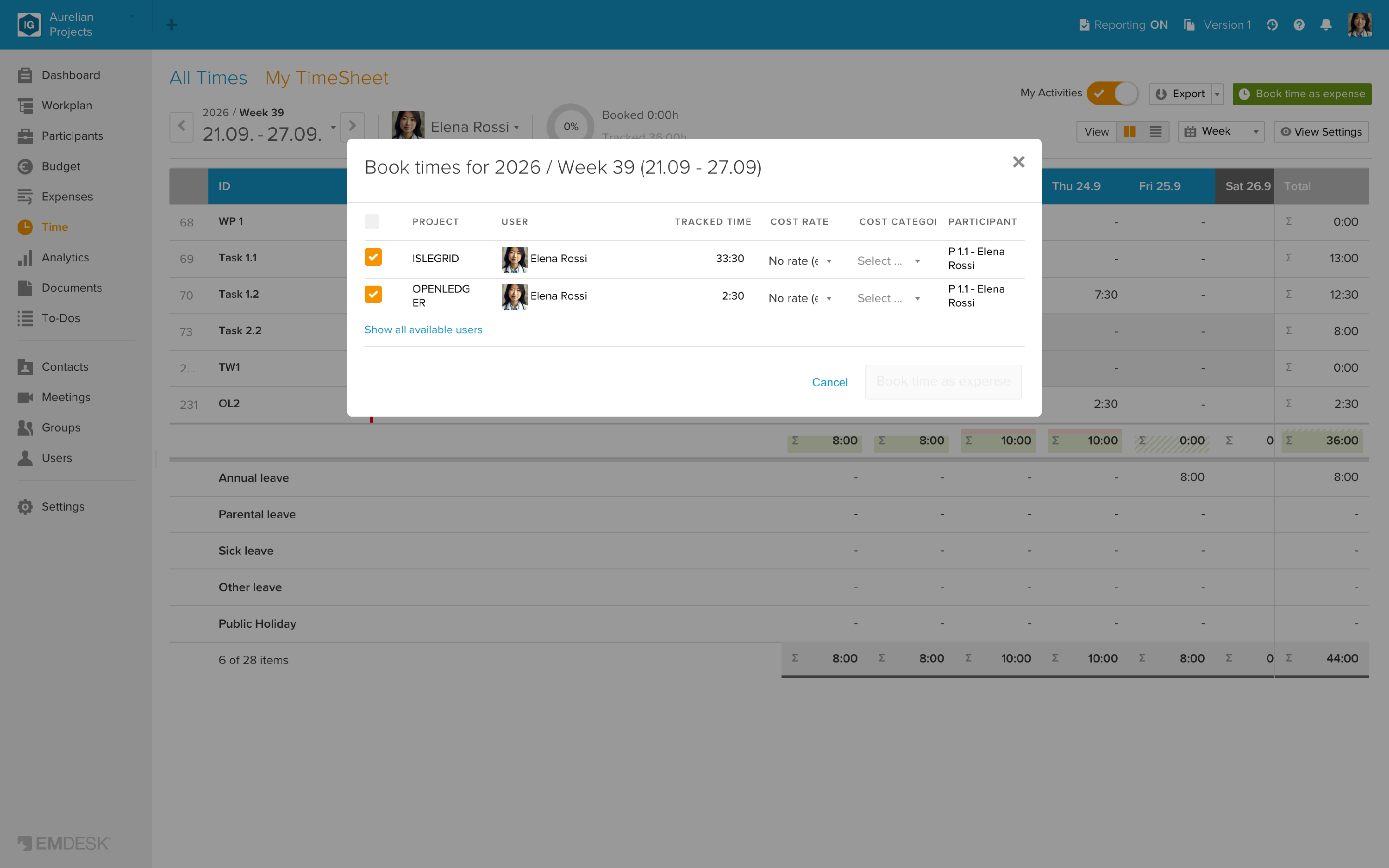 Booking time on two projects with a cost rate per project