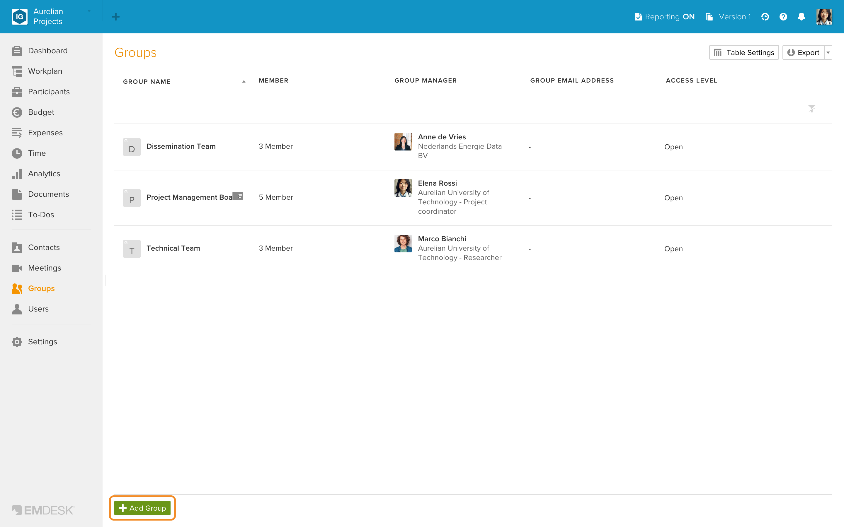 The Groups section
