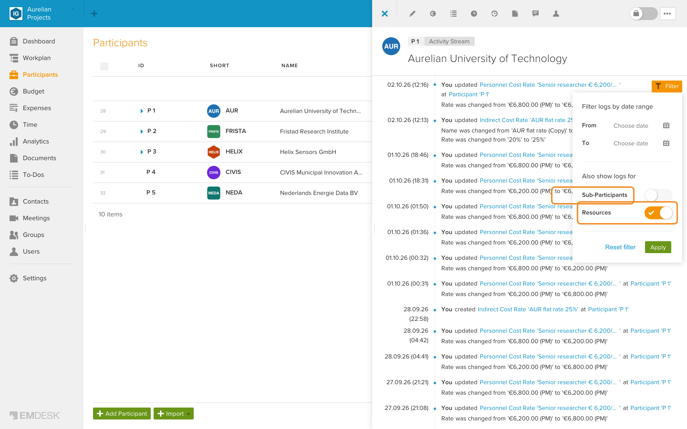 Activity stream (action log)