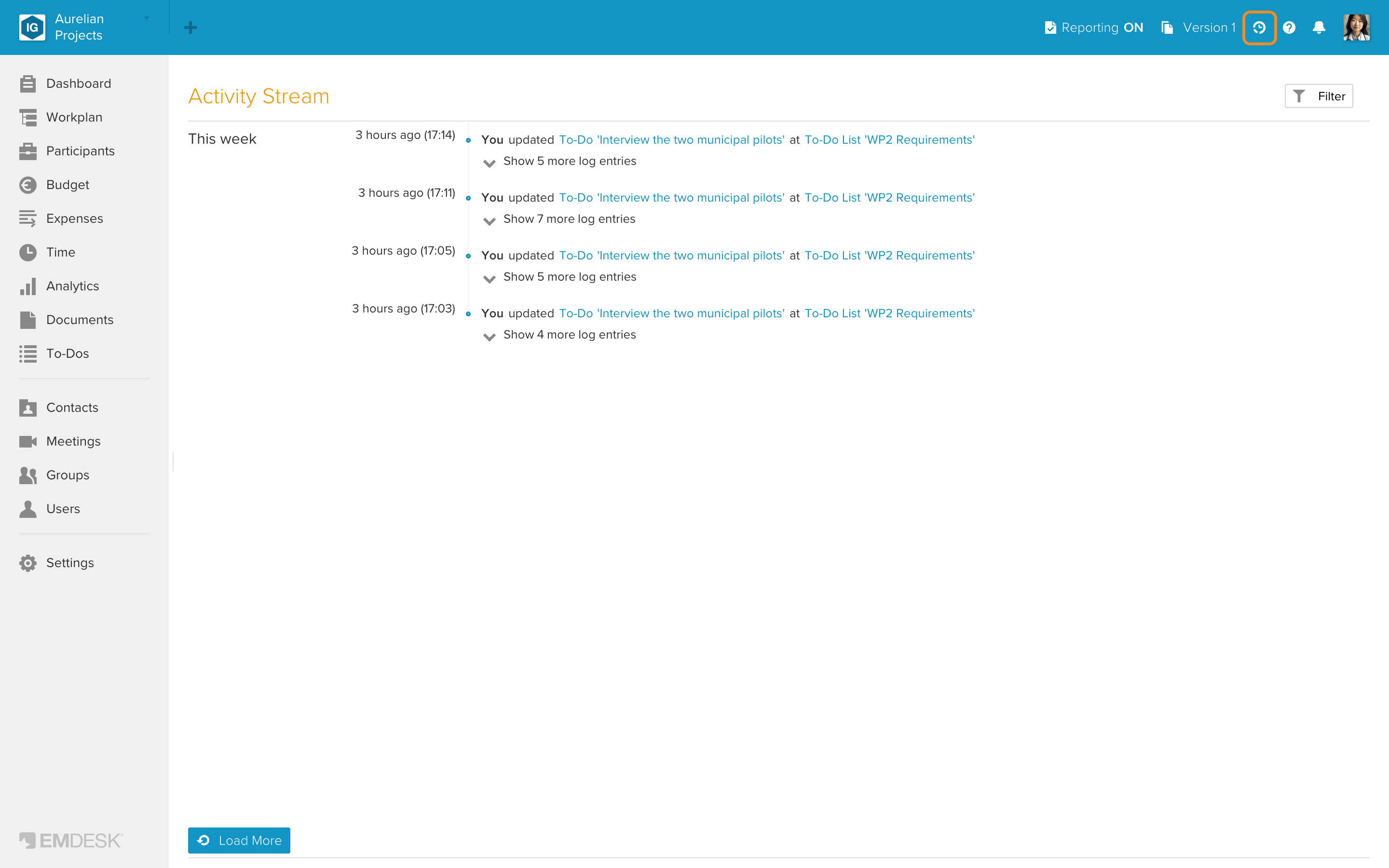 Activity stream (action log)