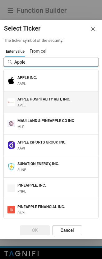 Ticker search modal with results