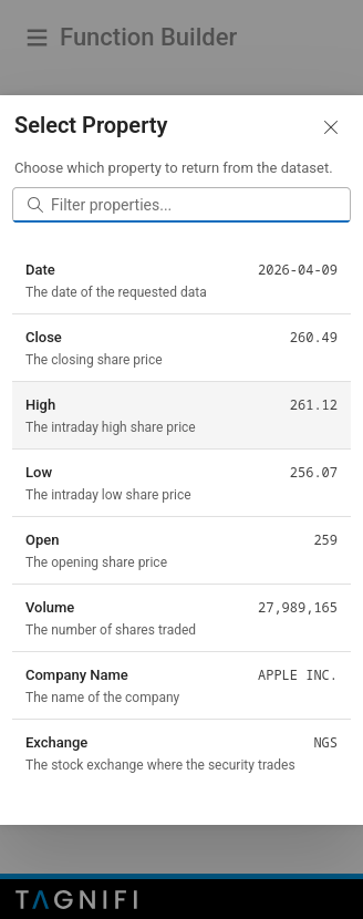 Select Property modal with preview values