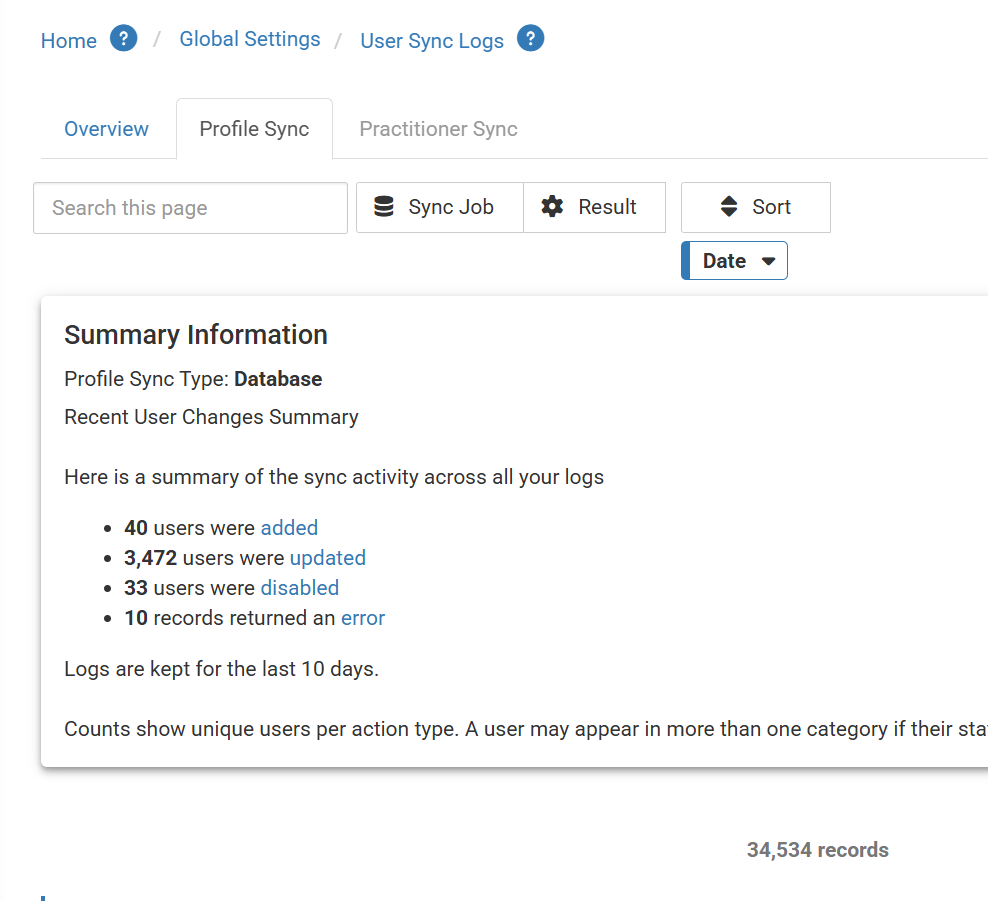 User Sync Log Profile Sync tab showing tabs, filters, summary counts, and record total