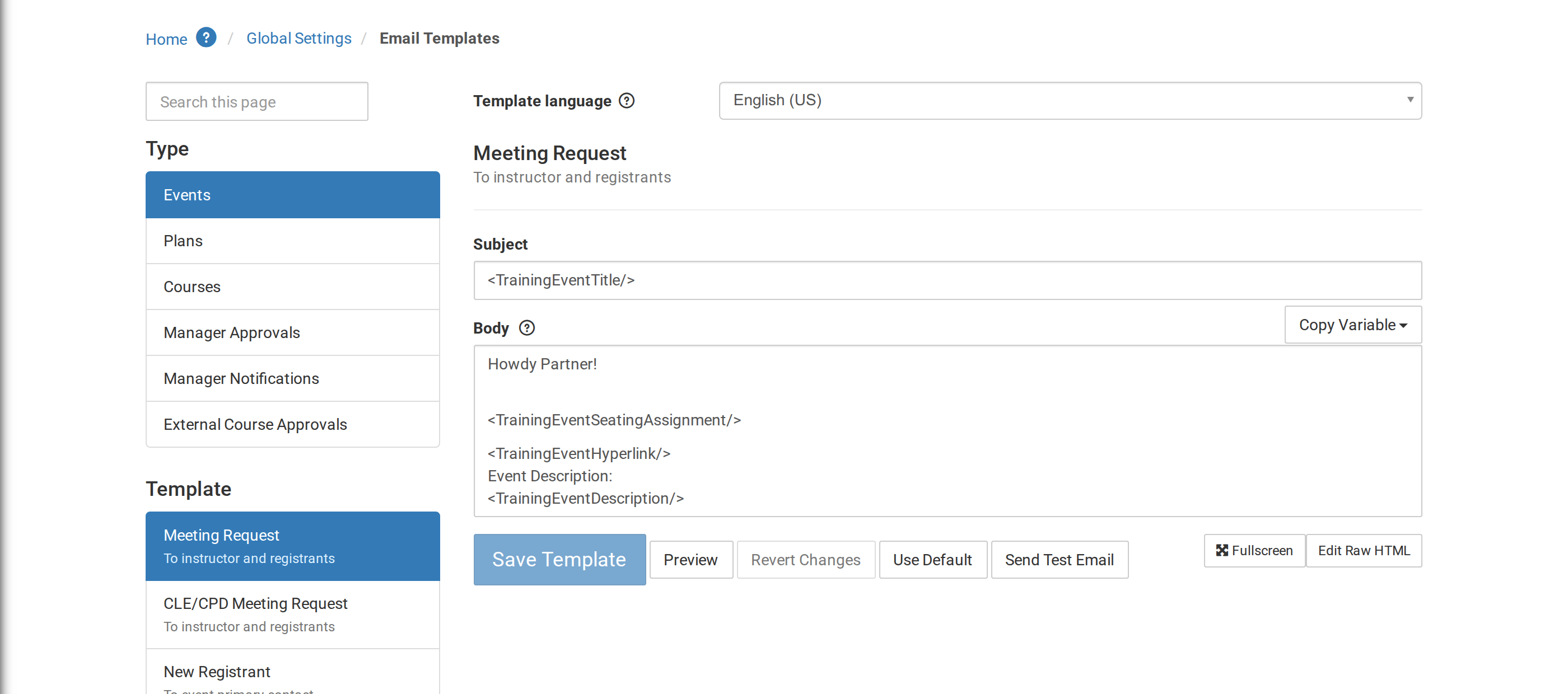 Email Templates page with Template language set to English (US) above the Meeting Request subject and body