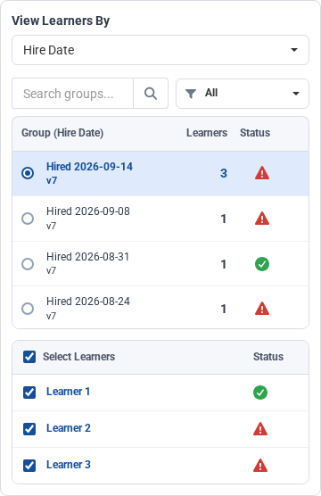 New Hire Scheduler learner panel grouped by hire date with three selected learners and status icons