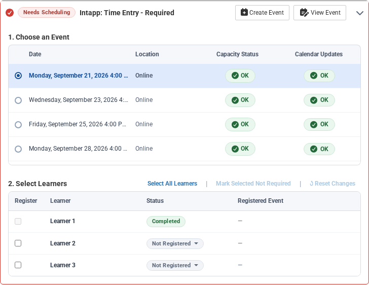 New Hire Scheduler course card with Event choices, capacity and calendar-update statuses, and learner registration controls
