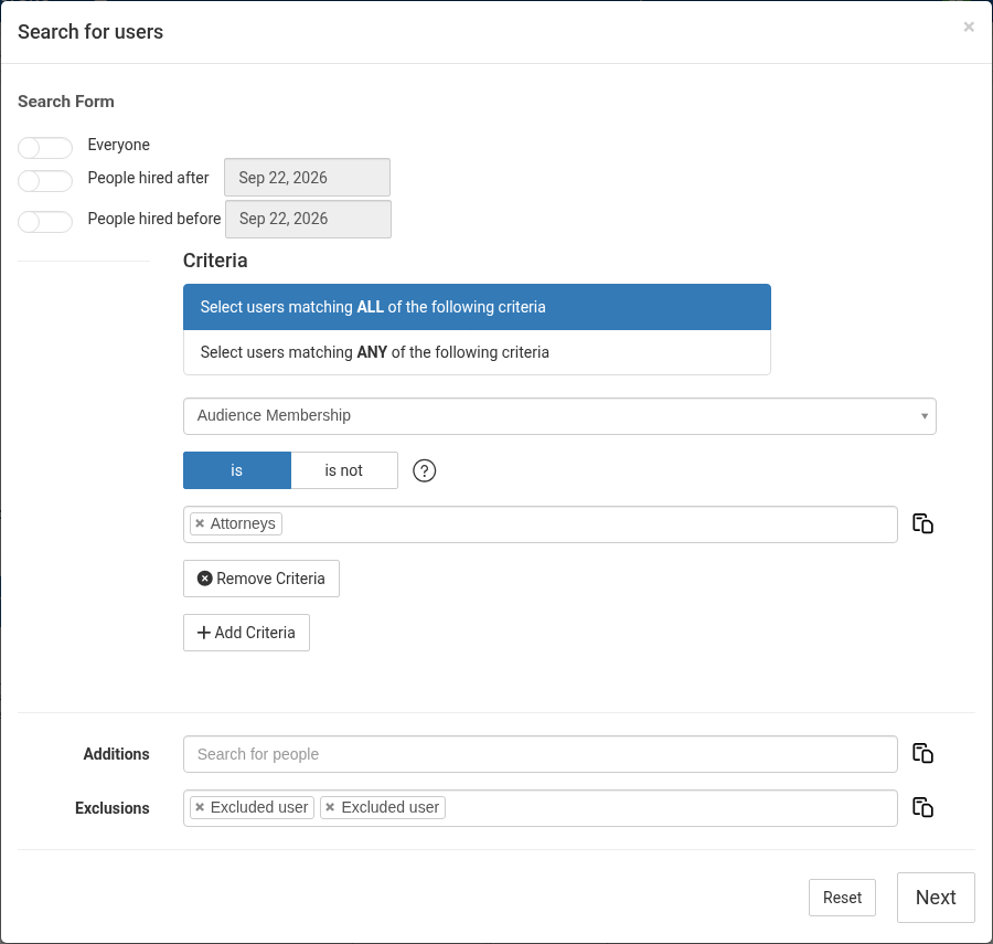 Search for users: Everyone off, Audience Membership is Attorneys, two example exclusions, and Next to preview matches.