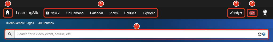 LearningSite menu bar with numbered callouts