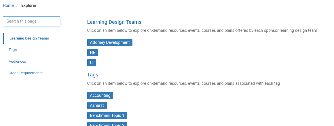 Explorer page listing Learning Design Teams and Tags