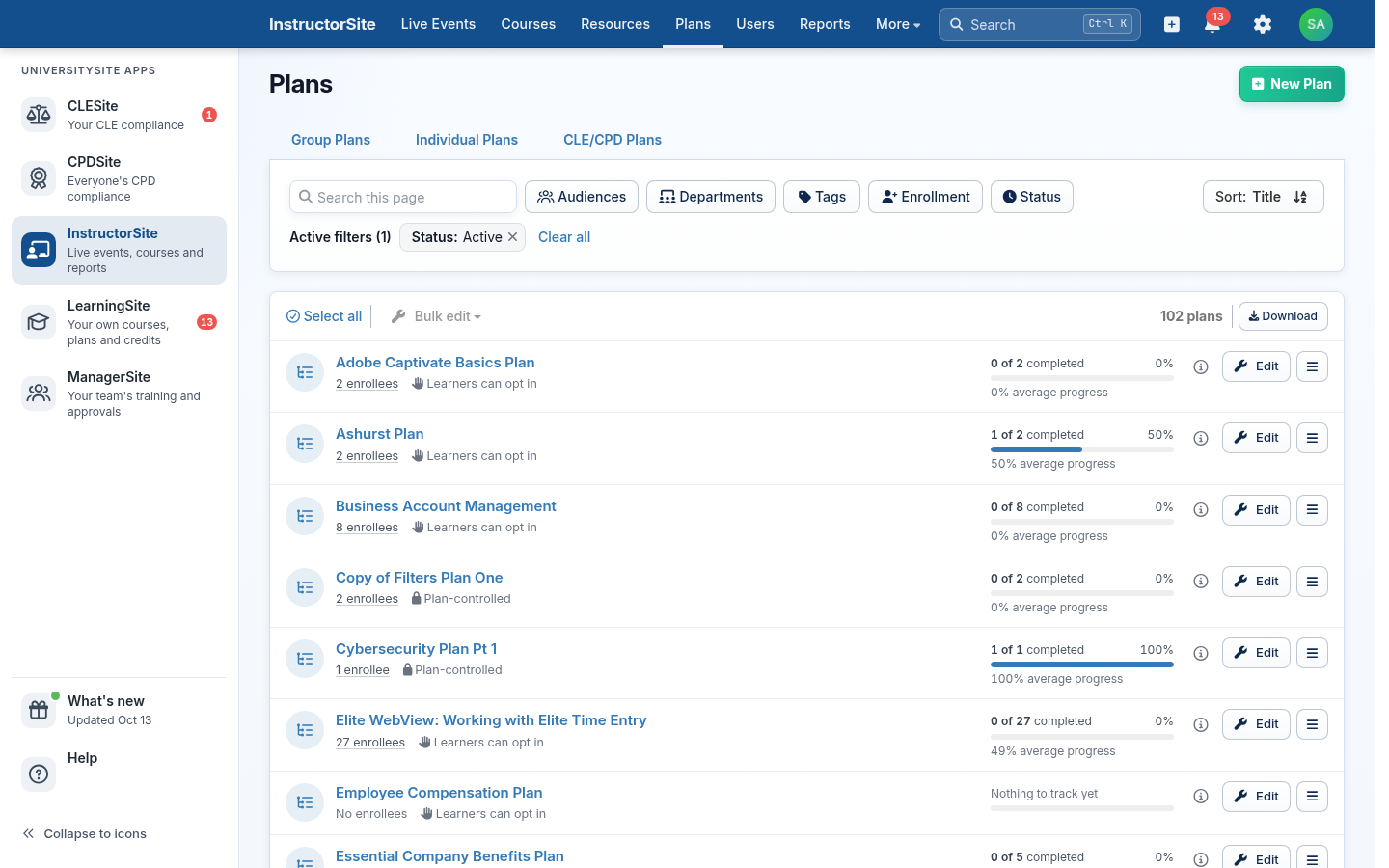 InstructorSite with the column of app icons opened on the left: CLESite, CPDSite, InstructorSite, LearningSite and ManagerSite with a line and a to-do count for each, and What's new and Help at the bottom