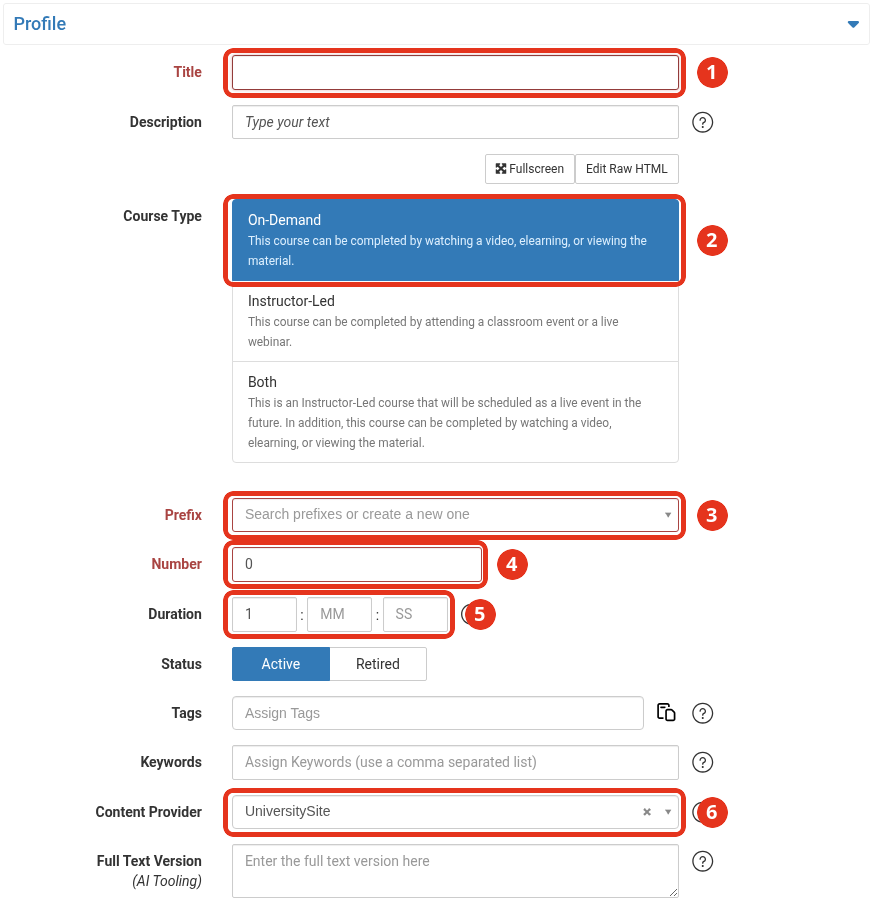 Profile section of the New Course page with Title, Course Type, Prefix, Number, Duration and Content Provider marked 1 to 6