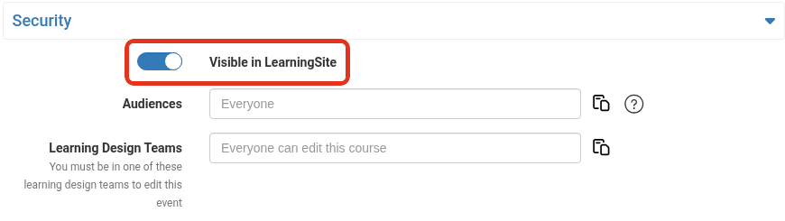 Security section with the Visible in LearningSite switch marked
