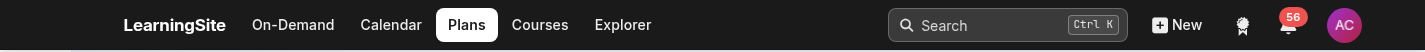 Refreshed top bar: the site name and the same menu items, with Plans marked as a white tab, and search, a New button, a bell, a gear and an initials badge on the right