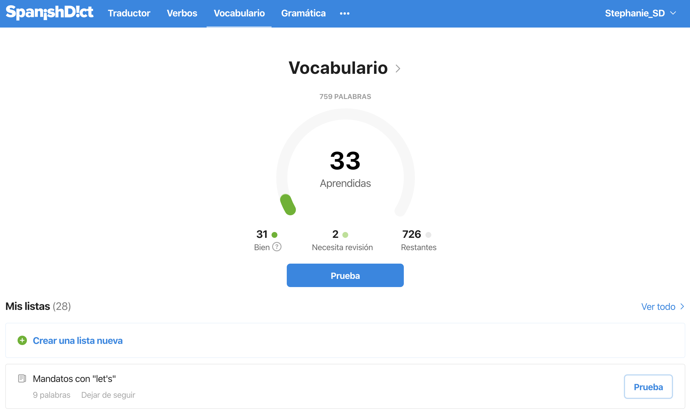La estructura de las pruebas de vocabulario SpanishDict Apoyo