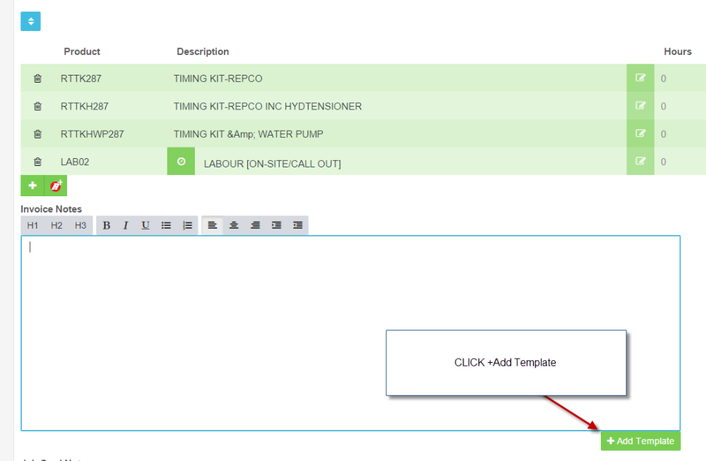 how to add templated wording to an invoice workshop software