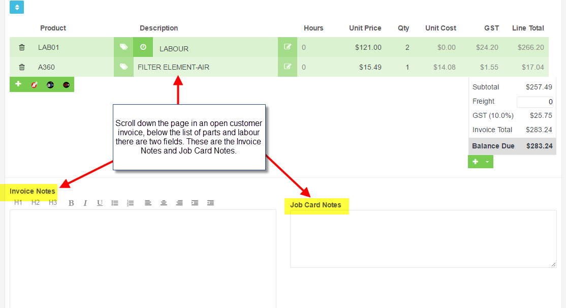 invoice notes will only appear on the customer invoice the can be edited to include headings bold or underlined text or even a numbered list