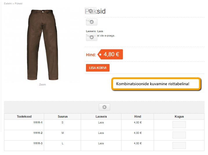 shoproller e poe tegemine - kombinatsioonide kuvamisviis
