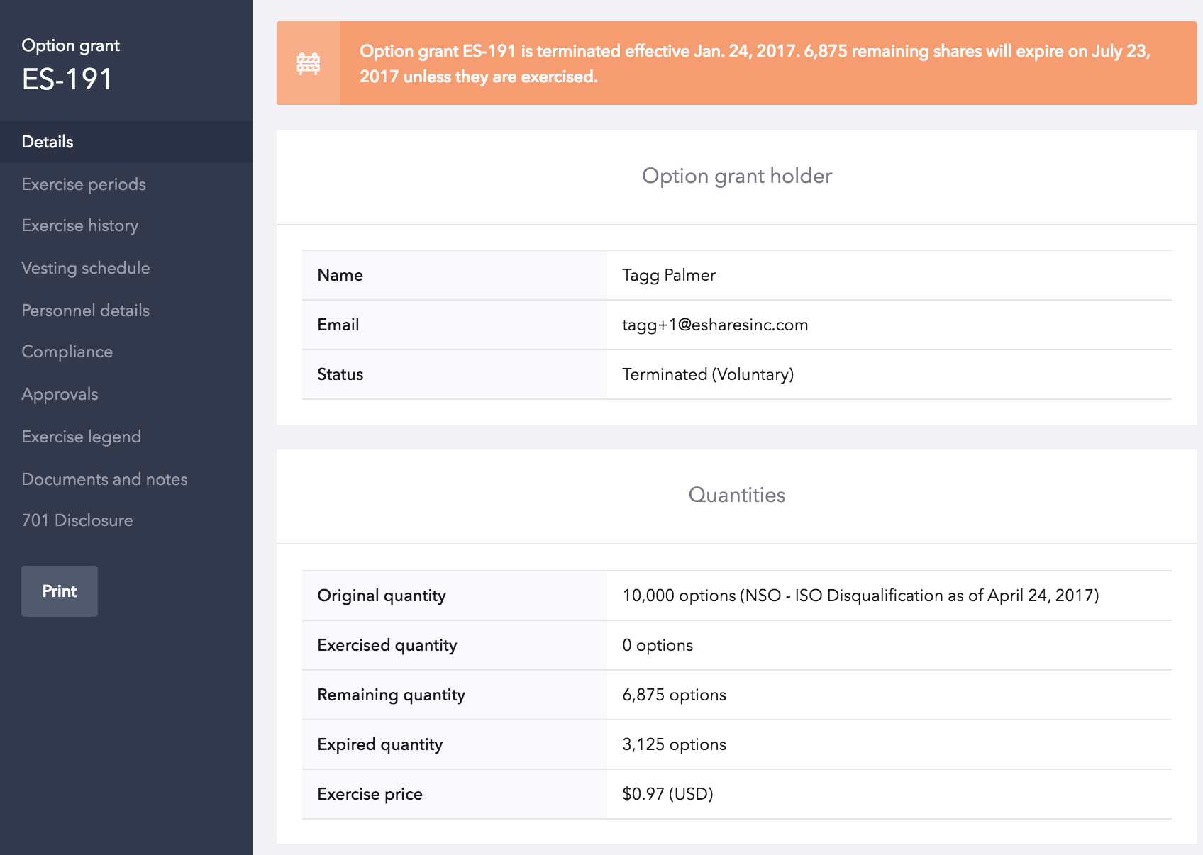 Unvested stock options after termination