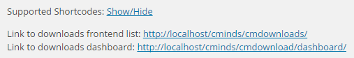 Links to the Downloads Index Page and Dashboard - File Download Plugin