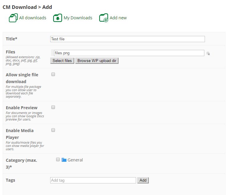 Upload form for creating new downloads - WordPress Document Management