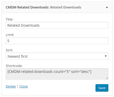 CMDM Related Downloads Widget settings - File Download Plugin