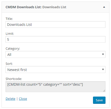 CMDM Downloads List Widget settings - File Manager WordPress