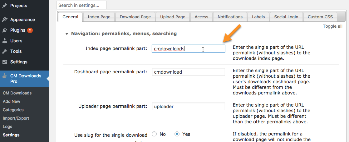 Setting a permalink for the Index Page - File Manager WordPress