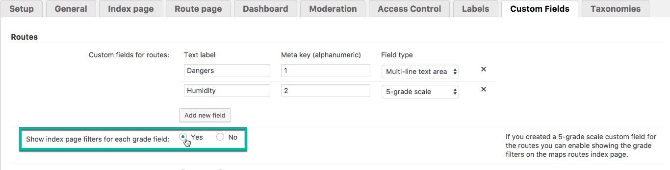 Enabling the filter by 5-grade custom field - Route Display WordPress