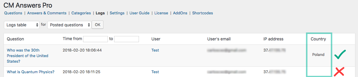 Example of logged geolocation - WordPress Question and Answer Plugin