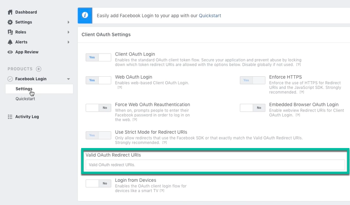 Adding Valid OAuth redirect URI